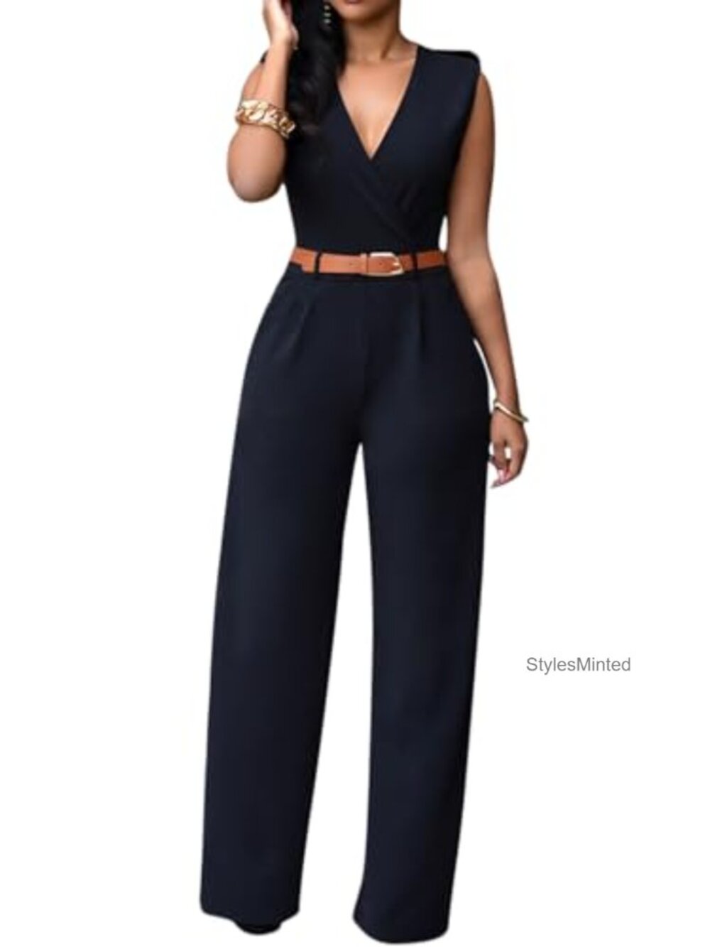 Women's Dressy V-Neck Wide Leg Jumpsuit with Pockets Belt Party